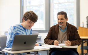 Mary Wash Day donations help keep UMW's class sizes small and provide undergraduate research opportunities for students to work alongside faculty mentors. Here, Associate Professor of Political Science and International Affairs Ranjit Singh speaks one on one with junior Shadwick Yoder, a political science major and environmental sustainability minor.