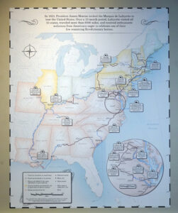 A map created by UMW senior Brooke Prevedel and Professor of Geography Steve Hanna is the focal point of a new exhibit at the Fredericksburg Area Musuem. The map traces the Marquis de Lafayette's 1824 journey through the United States. Photo by Suzanne Carr Rossi.