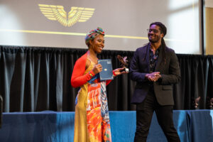Among the evening's heartfelt moments, UMW staff members Michael Middleton and Shanita Mitchell were honored with the In the Wings and Gwen Hale Giving Tree Awards, respectively. Photo by Sam Cahill