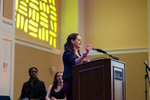 Dean of Students Juliette Landphair reflects on the stories Class of 2024 students shared with her about missing out on a traditional high school graduation in 2020. Landphair encouraged the Class of 2024 to look forward to their moment crossing the stage at Commencement on May 11. Photo by Sam Cahill