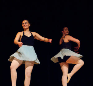 Brunt (left) performs 'Le Corsaire: Pas de Trois Des Odalisques' with Sarah Blanks '24 in the Performing Arts Company's small show in spring 2024. Photo by Kait Piston.