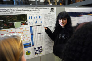 Environmental science major Summer Orledge presents her research on contaminants in the James River near a coal ash repository during UMW's 18th annual Research and Creativity Day. More than 400 students from across disciplines shared their work from the past academic year at the annual event. Photo by Suzanne Carr Rossi.