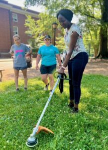 UMW is transitioning to landscape equipment based on cleaner technologies, exchanging noisy, gas-powered mowers and blowers with quieter, Earth-friendly models, which were tested out during a field-day event this spring. Photo by Holly Chichester-Morby.