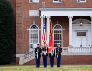 A flag raising ceremony was performed by the Mountain View High School Marine JROTC Color Team to commemorate Veterans Day at Jefferson Square on the University of Mary Washington's Fredericksburg campus. Photo by Sam Cahill.