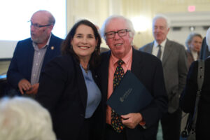 UMW Director of Community Events Ali Gauch Hieber and Distinguished Professor Emeritus and Great Lives founder Bill Crawley. Photo by Karen Pearlman.