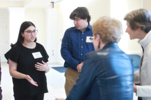 From left: Denny Cora ’25, recipient of the June Davis McCormick ’49 Scholarship, and Blaise Wingold ’25, recipient of the UMW Theatre Scholarship, chat with donors at the Student Showcase. Photo by Karen Pearlman.