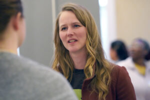 Amber Golmon Dawson, who earned a bachelor's degree in historic preservation from UMW last year, was at the Career and Internship Fair to recruit interns for Brompton Community School, of which she is founder and director. Photo by Suzanne Carr Rossi.