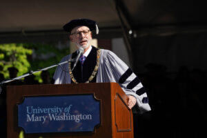 Mary Washington President Troy Paino addresses the crowd during the three-hour ceremony that was filled with plenty of pomp and circumstance. Photo by Suzanne Carr Rossi.