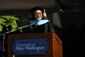 UMW alumna and Superintendent of Alexandria City Public Schools Melanie Kay-Wyatt delivers the keynote address. Photo by Suzanne Carr Rossi.