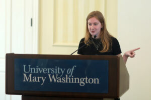 Junior Callie Harkins, editor of UMW’s student newspaper, The Weekly Ringer, earned a Fund for Mary Washington Impact Grant to secure membership in the Virginia Press Association and begin printing the paper in color. Photo by Karen Pearlman.