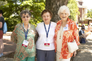 From left: 1959 alumnae Edna Gooch Trudeau, Ann Brooks Coutsoubinas and Dodie Reeder Hruby, who are also members of the 1908 Society, celebrate their 65th reunion with a class photo in 2024. Photo by Karen Pearlman.