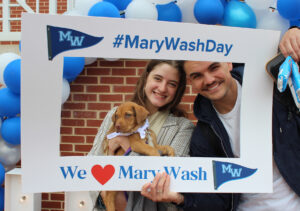Student giving more than doubled from last year’s event, and many participated in activities at the Mary Wash Day headquarters on the Cedric Rucker University Center patio on April 2. Here, two students take photos at the selfie station with a puppy brought to campus by Old Dominion Humane Society.