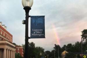 The forecast called for rain, but showers soon gave way to clear skies, sunshine and even a rainbow over the University of Mary Washington campus. Photo by Karen Pearlman.