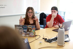 UMW junior Ainsley Graf (left) and senior Bex Colley were part of the AHSSSI team that catalogued the abstract components of speech sounds used by the world's more than 7,000 languages. Photo by Karen Pearlman.