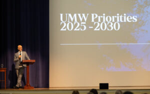 University of Mary Washington President Troy Paino addressed faculty and staff at a start-of-the-semester assembly, held in George Washington Hall's Dodd Auditorium on Monday, Aug. 18. Photo by Sam Cahill.