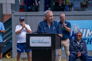 Visibly moved during the ceremony, Coach Gordon thanked his family and friends, former colleagues, Mary Washington alumni, administrators, UMW Athletics staff and Mary Washington donors who contributed gifts and pledges toward the field renovations and facilities upgrades. Photo by Kaitlynn Kimball.
