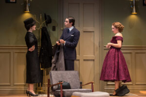 From left to right: University of Mary Washington students Rob Willcox ’26, Benjamin Kline ’28 and Emmy Beach ’26 star in 'Dial 'M' for Murder,' onstage through Sept. 28 at duPont Hall's Klein Theatre. Tickets available at www.FredTix.com. Photo by Geoff Greene.