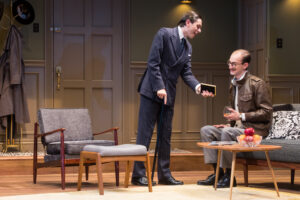 Benjamin Kline ’28 (left) plays London playboy Tony Wendice, and Jonah Hilbert ’28 plays Lesgate in UMW's production of 'Dial 'M' for Murder.' Photo by Geoff Greene.