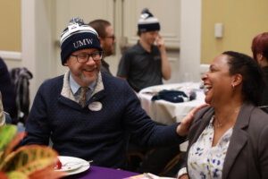Vice President for Student Affairs Mike Walsh shares a laugh with Dean of Students Melissa Jones at Employee Appreciation Luncheon. Photo by Karen Pearlman.