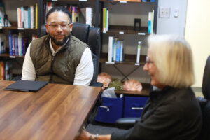 Sims listens to Talley, who shared that there were limited-to-no resources for mental health when she was a student at Mary Washington in the late 1960s. Photo by K Pearlman Photography.
