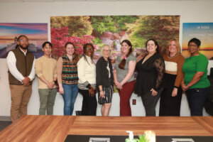 Betty Talley '68 (center), who made the generous gift to name the Talley Center over a decade ago, along with Talley Center staff. From left: Chad Sims, Jimmy Nguyen, Rebekah Michael, Glorya Askew, Betty Talley, Krysta Thomas, Melissa Palguta, Debbie Huff and Demi Thompson. Photo by K Pearlman Photography.