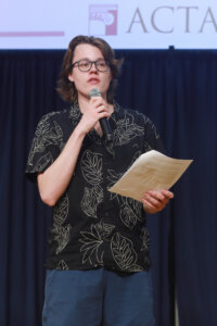 UMW student Finley Jones, a member of UMW Votes, presents during a recent Braver Angels debate at Mary Washington's Cedric Rucker University Center. The Braver Angels format encourages participants to embrace one another's point of view. Photo by K Pearlman Photography.
