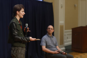 UMW Center for Community Engagement Director Sarah Dewees, who served as the main organizer for last week's Braver Angels debate, speaks with Germanna Community College Dean of Humanities and Social Sciences Eric Earnhardt. Students from Germanna and UMW participated in last week's Braver Angels debate at Mary Washington. Photo by K Pearlman Photography.