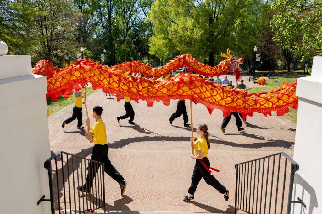 Dancers carry a long fabric dragon above their heads