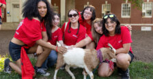 a group of girls dressed in red pet a goat