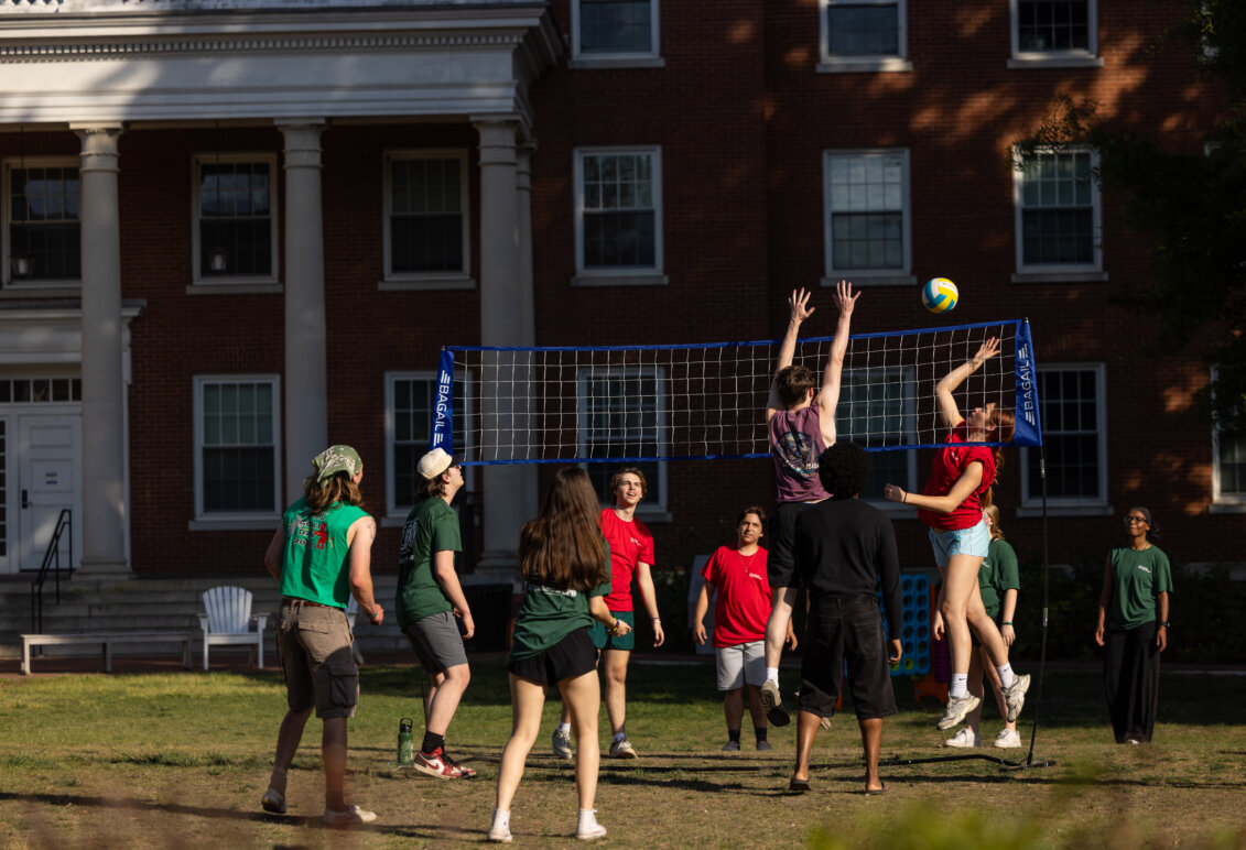 a group of people play volleyball