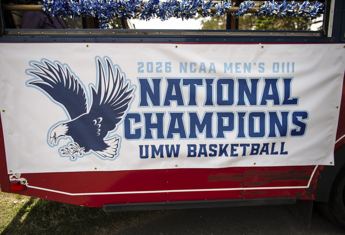 A banner saying "national champions" is shown on the back of a trolley