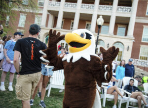 Photo of the crowd with the school mascot, Sammy D. Eagle