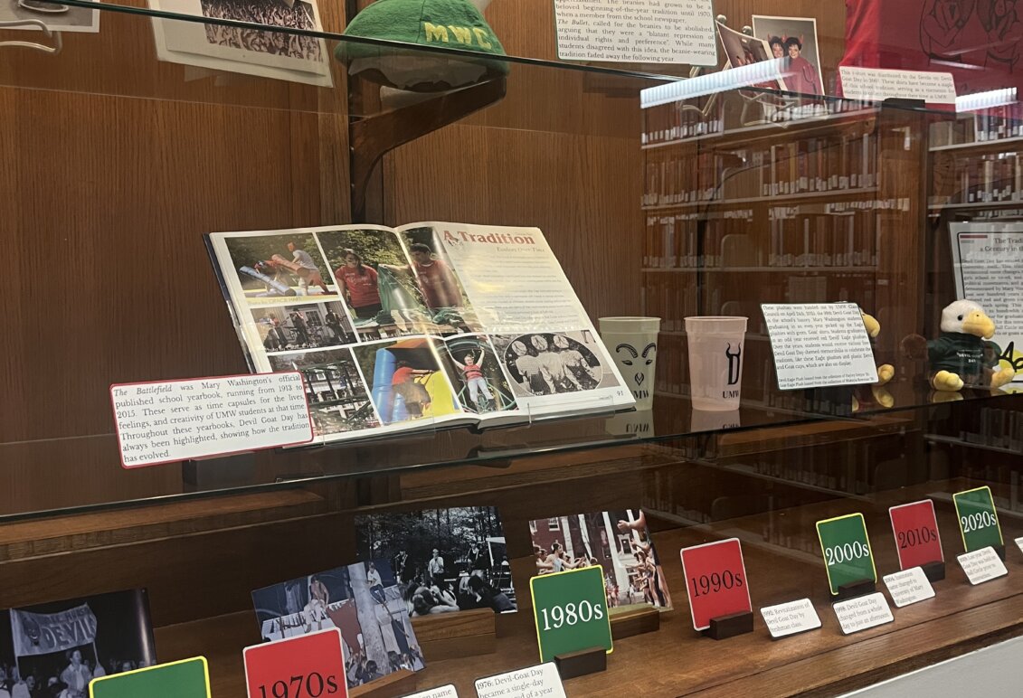 An exhibit with artifacts from Bowman's co-curated exhibit for Devil-Goat Day
