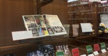 An exhibit with artifacts from Bowman's co-curated exhibit for Devil-Goat Day