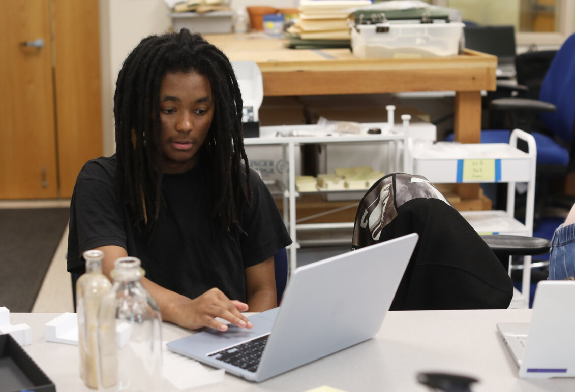 A student looks at a laptop in a historic preservation lab.