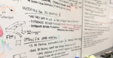 A whiteboard is filled with words and drawings for a specific project.