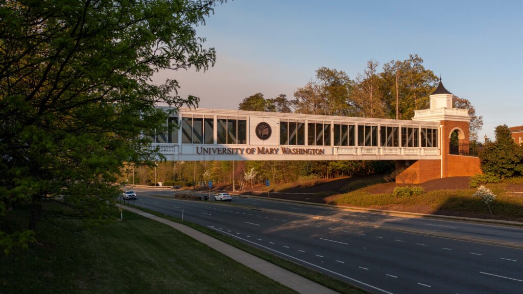 A pedestrian bridge rises above a highway
