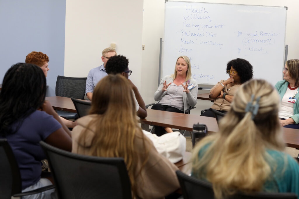 Several healthcare professionals sit in front of a whiteboard, addressing a group of students