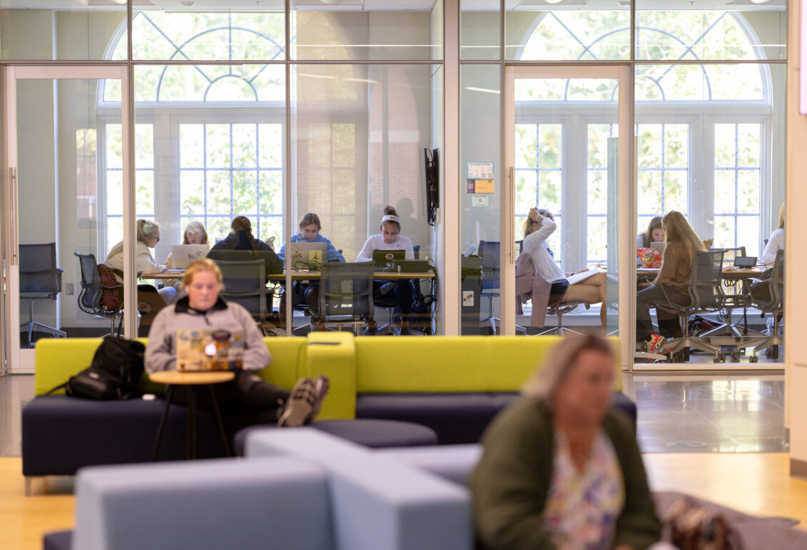 Students in classrooms and open spaces in UMW's Hurley Convergence Center
