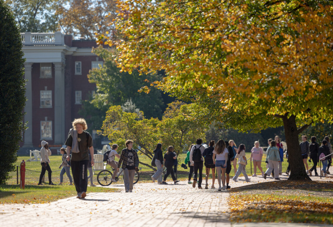 Students on the grounds of UMW during fall