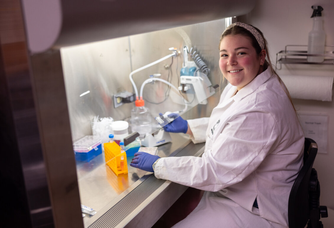 Senior Brooke Martin performs research in a laboratory at UMW in Jepson Science Center