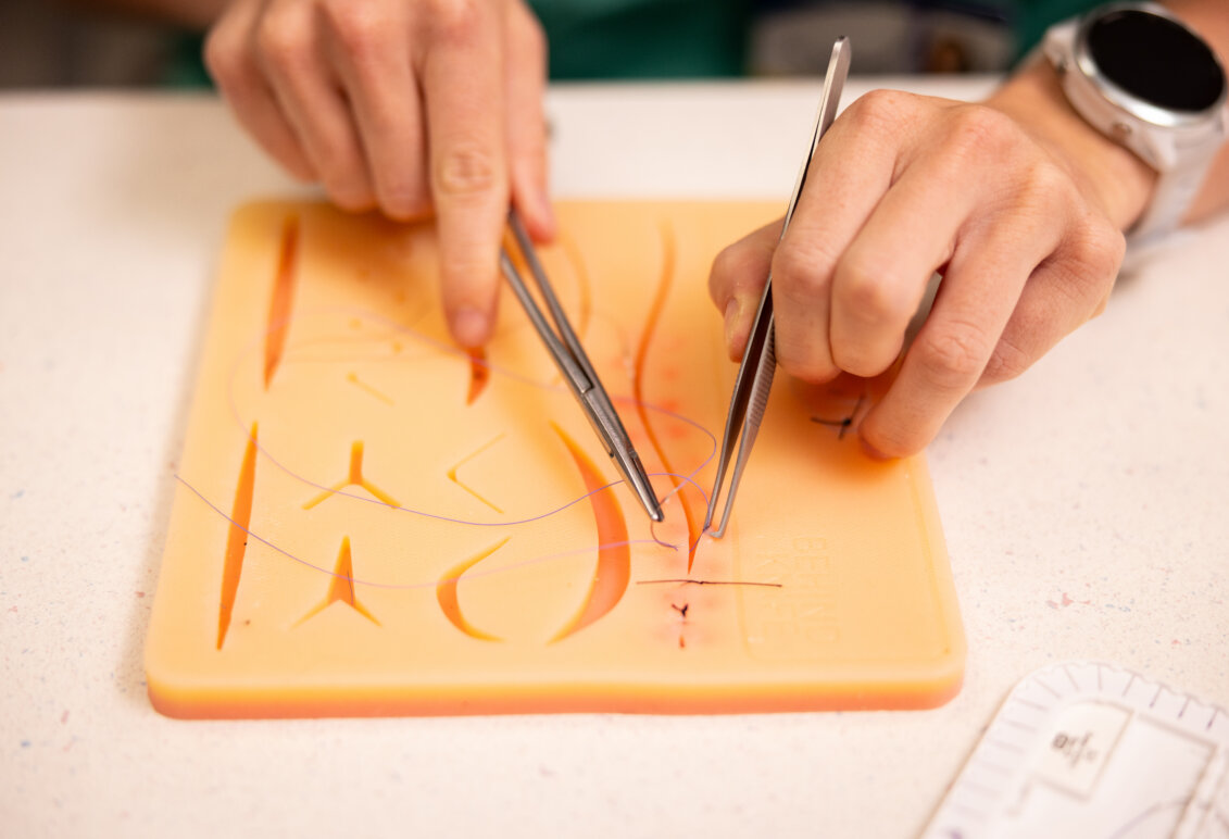A close-up of a pair of hands practicing sutures on a flesh colored plastic mat. Photo by Parker Michels-Boyce.