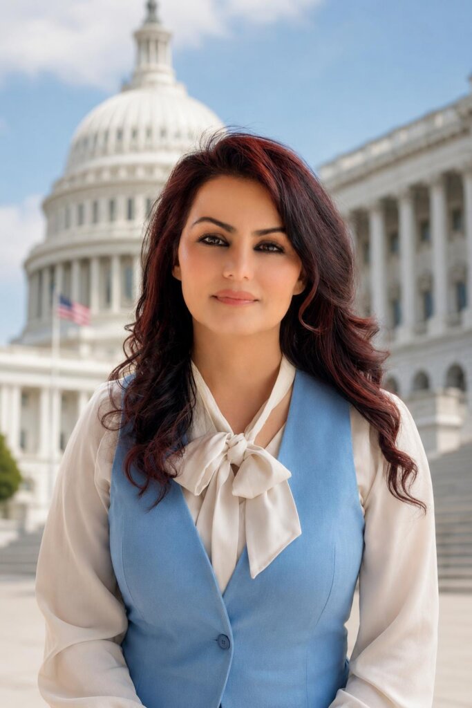 A woman wearing a white top and blue vest smiles in front of the Capitol building