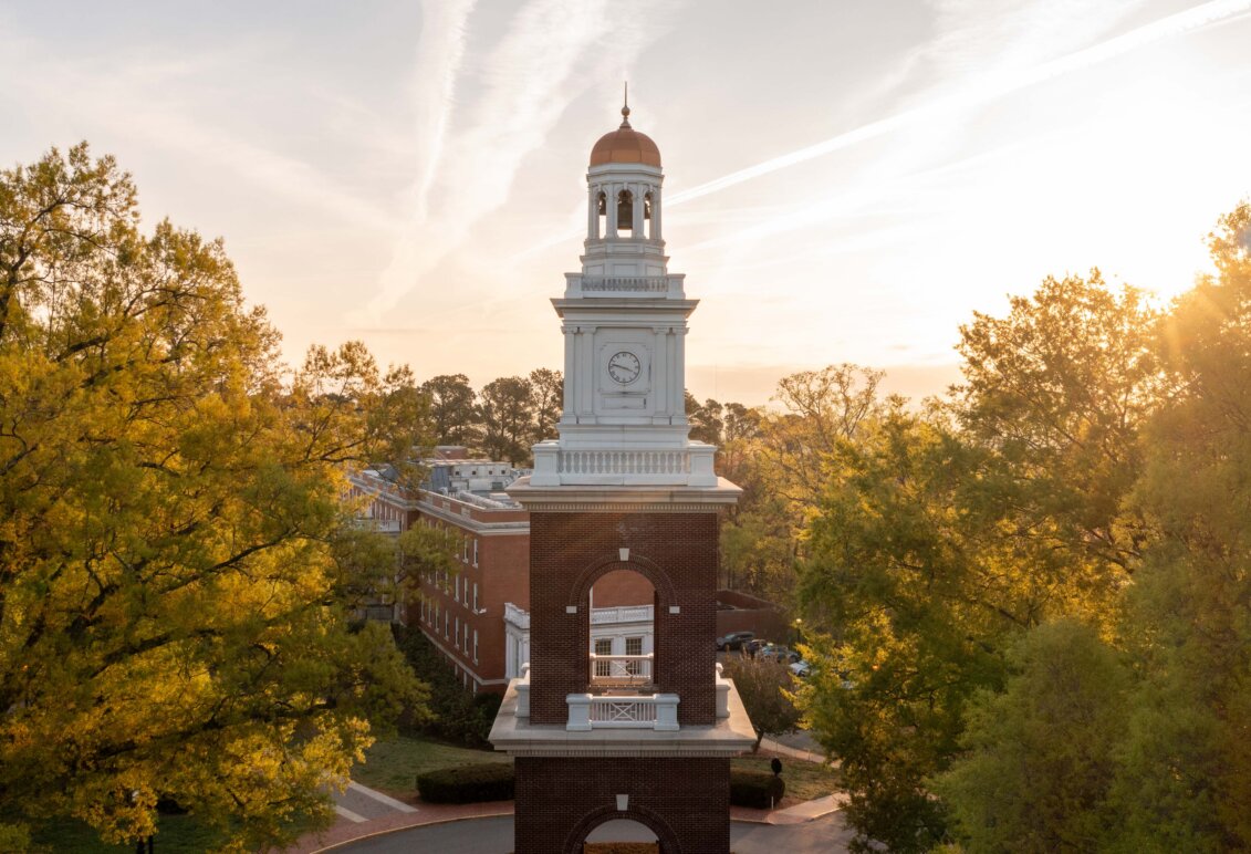 UMW&rsquo;s Bell Tower overlooking Fredericksburg at sunrise