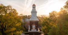 UMW&rsquo;s Bell Tower overlooking Fredericksburg at sunrise