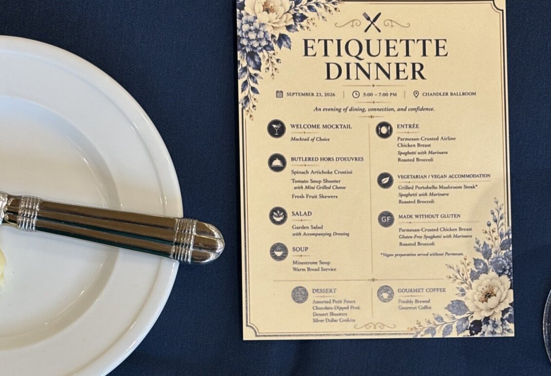 An "etiquette dinner' menu and a bare plate with a utensil are at the top of the image, while a plate with salad is at the bottom