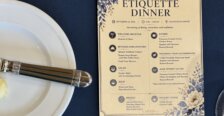 An "etiquette dinner' menu and a bare plate with a utensil are at the top of the image, while a plate with salad is at the bottom