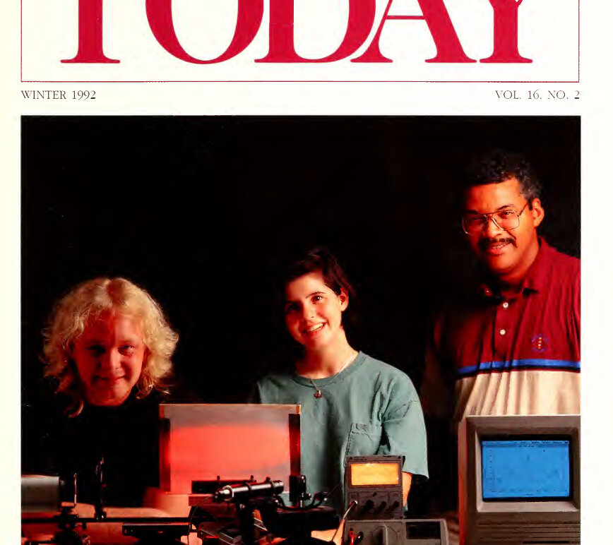 Two students from 1992 along with their professor on the cover of Mary Washington College Today magazine from Winter 1992.
