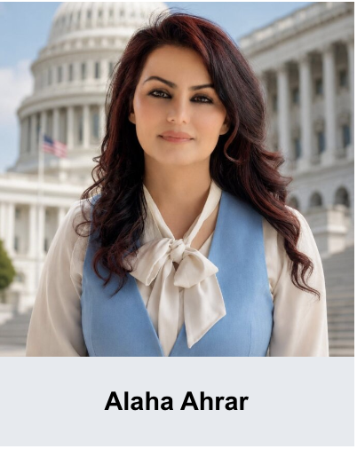 A woman wearing a white top and a blue vest stands in front of the Capitol building