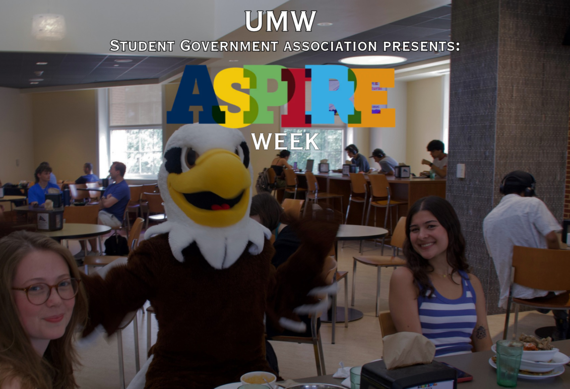 An Eagle mascot stands in a dining room with lots of students in the background, and the words "ASPIRE Week" superimposed on the image